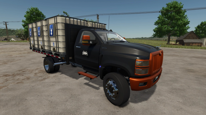 fs25-mods,  Hirschfeld International CV-Series truck mod for FS25, featuring black and orange design with water containers.