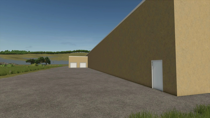 fs25-mods, Ingles v1.0.0.0 FS25 mod showing a large beige building with garage doors in a rural setting.