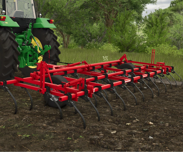 fs25-mods,  FS25 mod: International 45 VibraShank cultivator in Farming Simulator 25, attached to a green tractor in a plowed field.