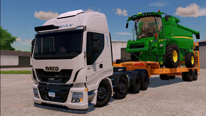 fs25-mods,  Iveco 440 truck mod in Farming Simulator 25, towing a green harvester on a trailer.