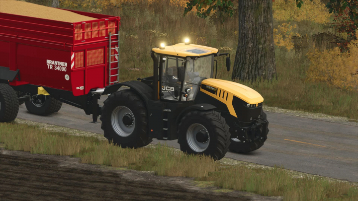 fs25-mods,  JCB Fastrac 8330 tractor towing a red Brantner TR 34090 trailer in FS25 mods.