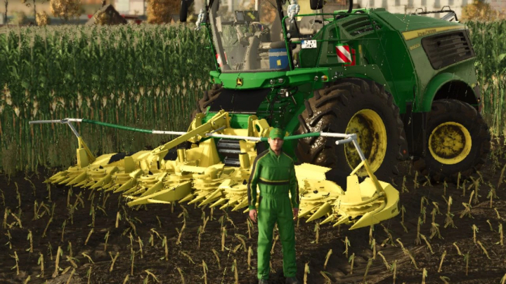 fs25-mods,  FS25 mod featuring John Deere 9000 Series Edit v1.0.0.0 with farmer standing beside harvester in a field.