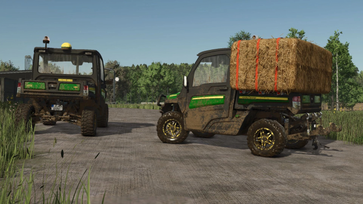 fs25-mods,  John Deere XUV 865M mod in FS25 carrying hay bales on a farm path.