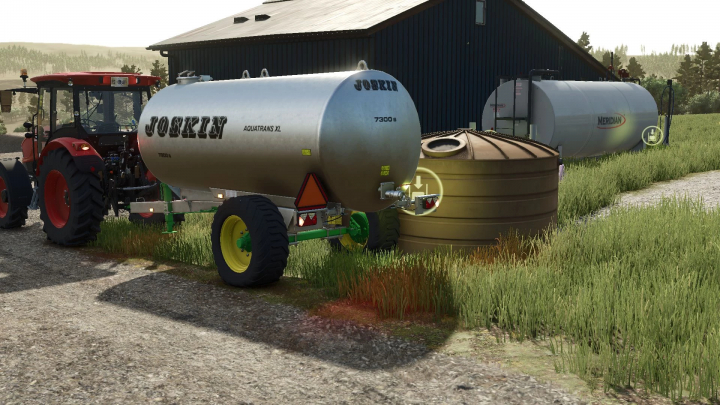 fs25-mods, FS25 mod, Joskin Aqua Trans 7300 trailer hitched to tractor near farm building.