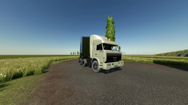 fs22-mods,  FS22 Kamaz 54115 mod truck on a rural road in Farming Simulator 22.