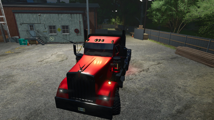 fs25-mods,  Kenworth W900L truck mod in a farm setting from FS25, showcasing a red truck design.