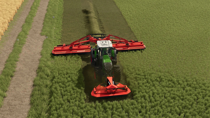 fs25-mods,  Kongskilde Mower Pack v1.0.0.0 mod in Farming Simulator 25 mowing a field.