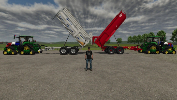 fs25-mods,  FS25 mods: Krampe BigBody 750 S trailer with tractors, featuring white and red designs in Farming Simulator 25.