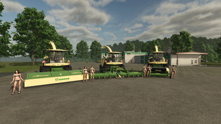 fs25-mods, FS25 Kröne Big X 1156 modified v1.0.0.0 mod with models posing, featuring agricultural machinery in a farm setting.