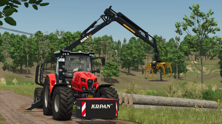 fs25-mods, FS25 mod Krpan TZ400 v1.0.0.0 features a tractor with a logging crane, set in a wooded area of Farming Simulator 25.