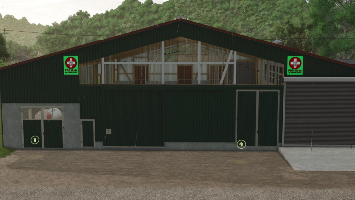 fs25-mods, FS25 mod image: Large cowshed PBSMods Edition v1.1.0.0 with green exterior and visible interior structure.