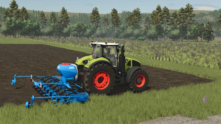 fs25-mods,  FS25 mod Lemken Azurit 9 v1.0.0.0: Tractor with seeder in a field, surrounded by trees.