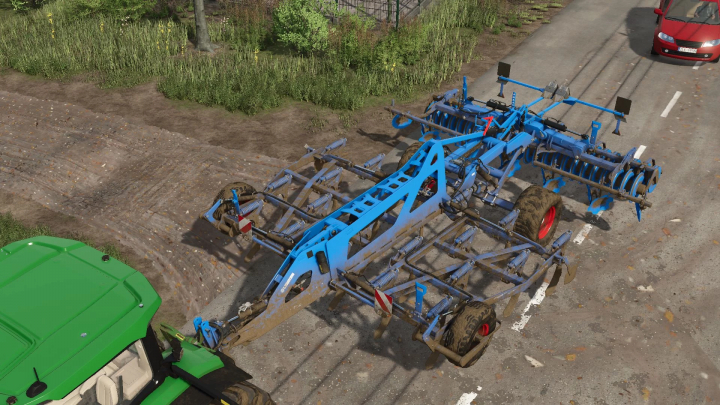 fs25-mods,  Top view of Lemken Karat 12 mod for FS25, showcasing a blue agricultural cultivator attached to a green tractor.