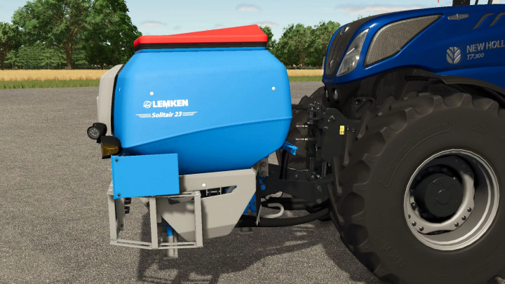 fs25-mods,  Lemken Solitair 23 mod in FS25 attached to a blue tractor, showcasing farming equipment in Farming Simulator 25.