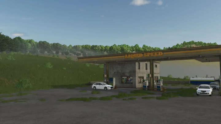 fs25-mods,  FS25 mod LoneHills Map v1.0.4.0 showing a gas station named Liquid Speed set in a rural landscape.