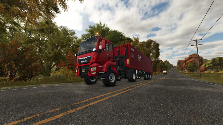 fs25-mods,  MAN TGS 18500 mod in Farming Simulator 25, showcasing a red truck and trailer on a rural road.