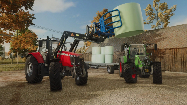 fs25-mods,  Massey Ferguson 7720S Series tractor in FS25 mod lifting bale with front loader.