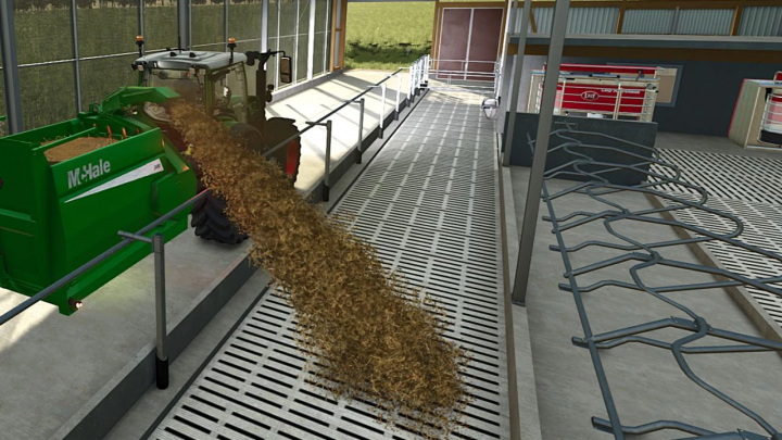 fs25-mods, FS25 mod McHale 430 v1.0.0.0 in a barn dispensing straw using a tractor.