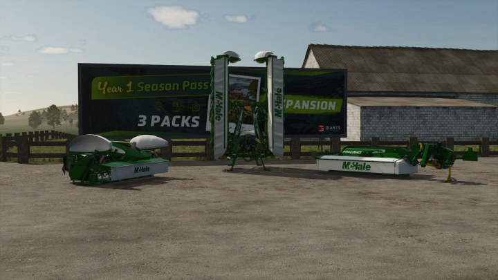 fs25-mods,  McHale mowers displayed in Farming Simulator 25 mod, showcasing green and white designs on a farm setting.