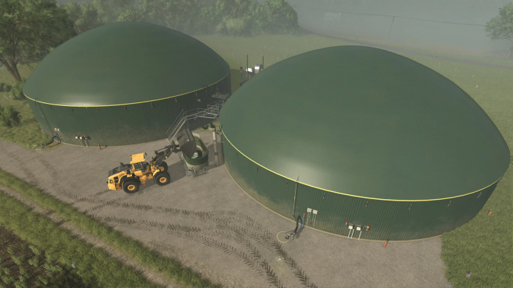 fs25-mods,  Medium Biogas Plant in FS25 mod with two large green domes and a yellow loader.