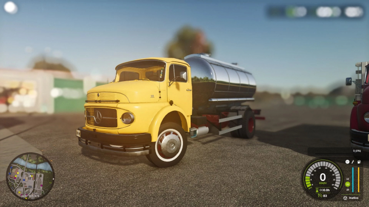 fs25-mods,  Yellow Mercedes-Benz 1111 truck mod in FS25 with chrome tank, showcasing Farming Simulator 25 mods.