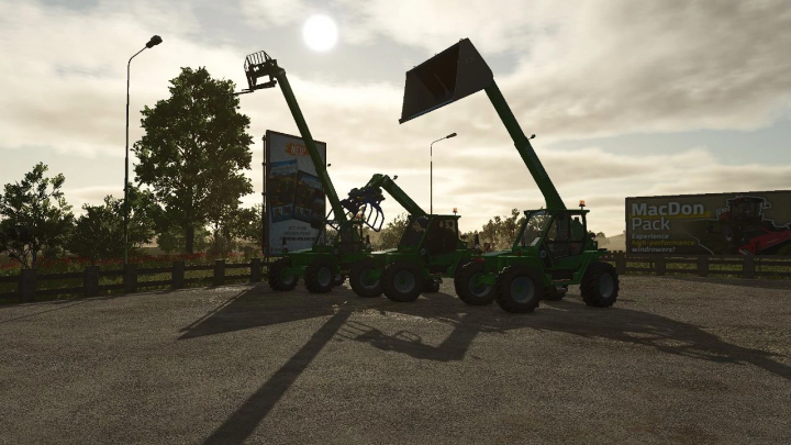 fs25-mods,  FS25 mod Merlo Turbofarmer P 41.7 telehandlers in a sunlit parking lot.