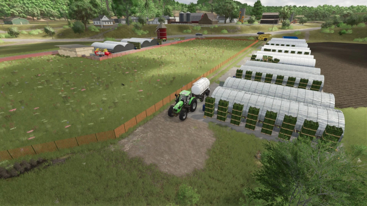 fs25-mods,  FS25 mod More pallets and bales v1.0.0.0, showing greenhouses with stacked pallets next to a tractor on a farm.