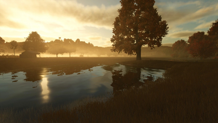 fs25-mods, Serene river with trees at sunset in FS25 Natural Water Rivers And Ponds Pack mod.