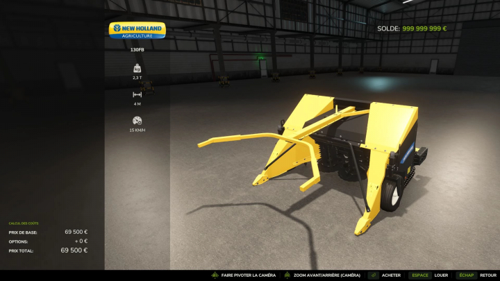 fs25-mods,  FS25 mod New Holland 130FB Edit v1.0.0.0, yellow agricultural equipment displayed in a virtual garage.