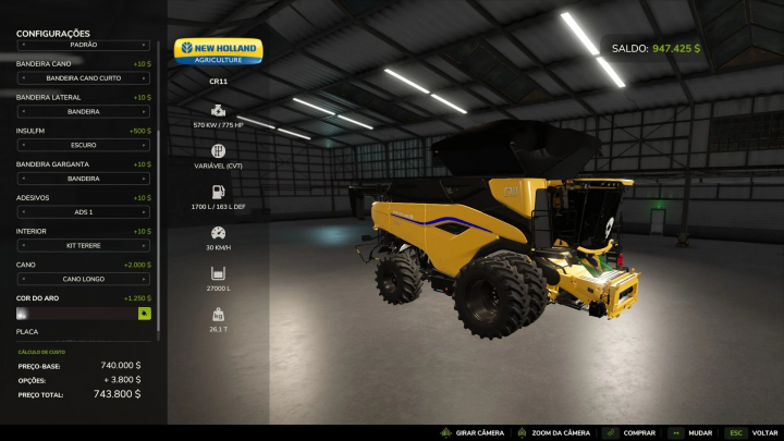 fs25-mods, New Holland CR11 BR Edit v1.0.0.0 mod in FS25, showcasing a yellow combine harvester with configuration options in a garage.