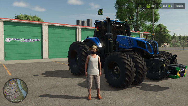 fs25-mods,  Player beside New Holland T8 BR Edit tractor mod in FS25 at Axle's Tractor Center.