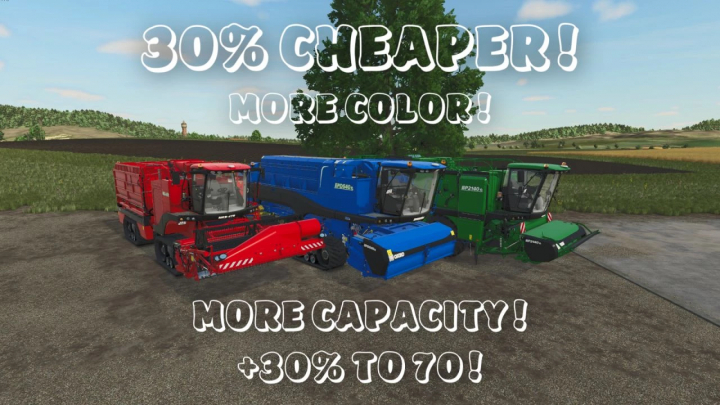 fs25-mods, Oxbo Pack v1.0.0.0 in FS25 features three colorful farming vehicles with benefits like 30% price reduction and increased capacity.