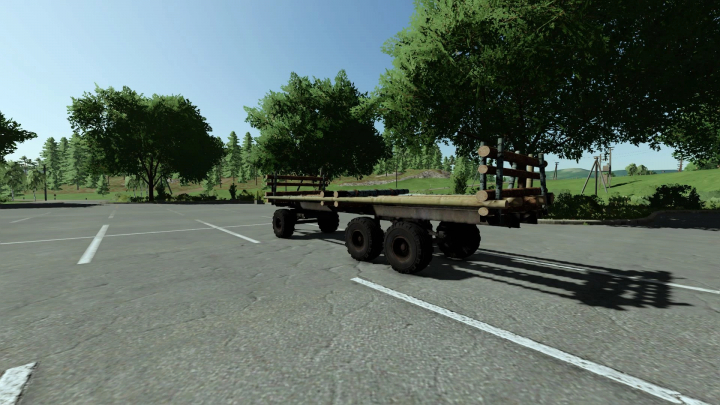 fs22-mods,  PTS-12 Platform mod for FS22 showcasing a heavy-duty trailer parked in a forested area.