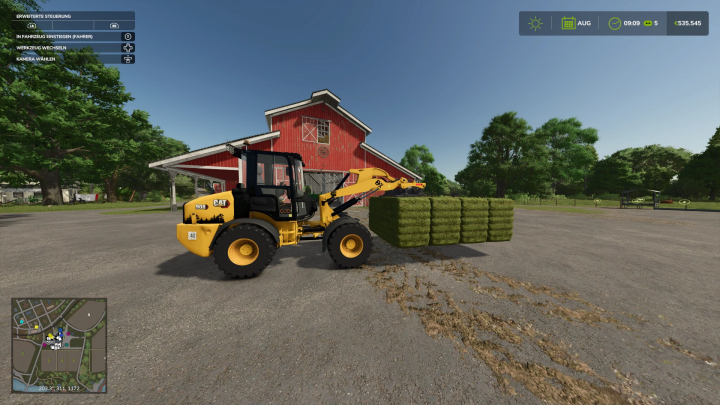 fs25-mods,  FS25 mod showcasing a yellow loader with pallet fork lifting bales outside a barn.