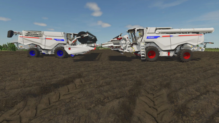 fs25-mods,  Philibert GXX780 combine harvesters in FS25 mod, parked on a field showcasing machinery details.