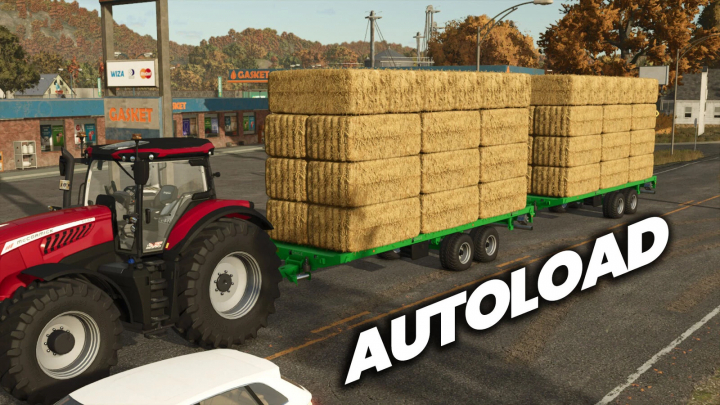 fs25-mods, FS25 mod Ponge SPX 816 v1.0.0.0 showcasing hay bales loaded on a green trailer behind a red tractor with 'Autoload' feature.