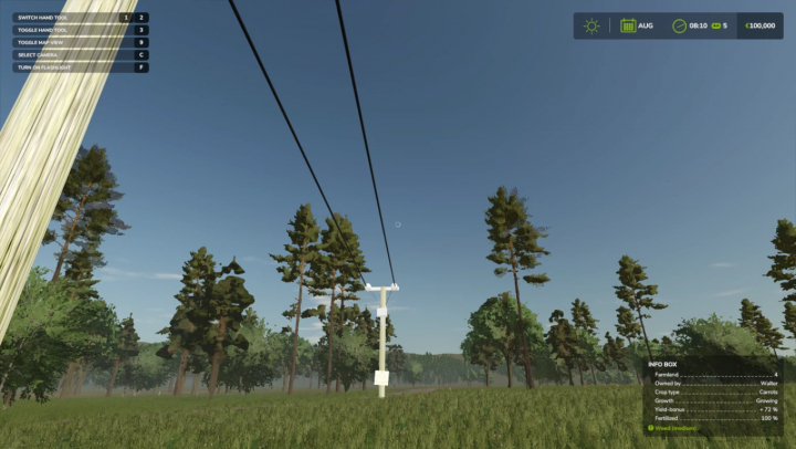 fs25-mods,  FS25 mod Power prefab v1.0.0.0 showing power lines in a forest area with game UI details.