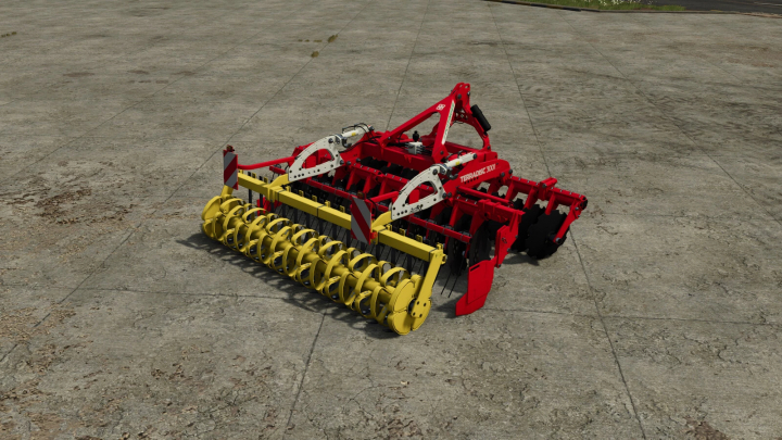 fs25-mods,  FS25 mod Pöttinger Terradisc 3001 v1.0.0.0, a red and yellow disc harrow on concrete.