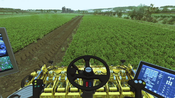 fs25-mods, View from ROPA Tiger6S harvesting in Farming Simulator 25, featuring detailed controls and lush green fields. FS25 mods showcase.