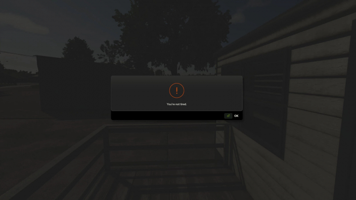 fs25-mods,  FS25 mod Real Time Sync v1.0.0.0 screenshot showing message 'You're not tired'.