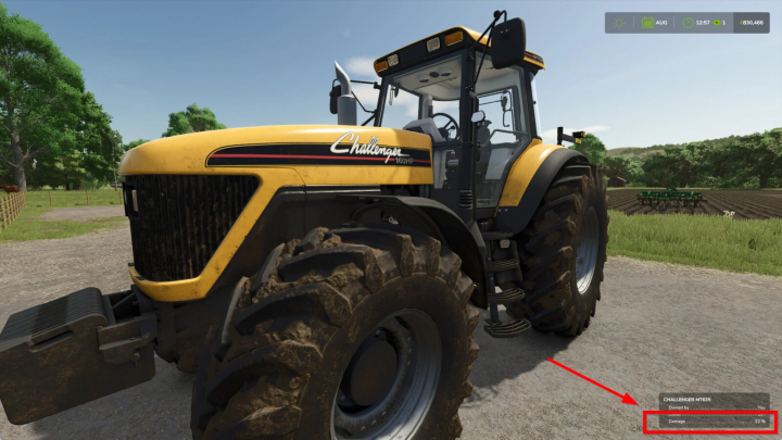 fs25-mods,  Challenger tractor in FS25 mod Reduce Wearout v1.0.0.0, showing 22% damage status.