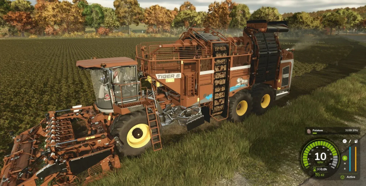 fs25-mods,  FS25 mod: Ropa Tiger 6s harvesting potatoes in a field, part of the Ropa Tiger 6s and Ropa Maus Pack v1.0.0.0.