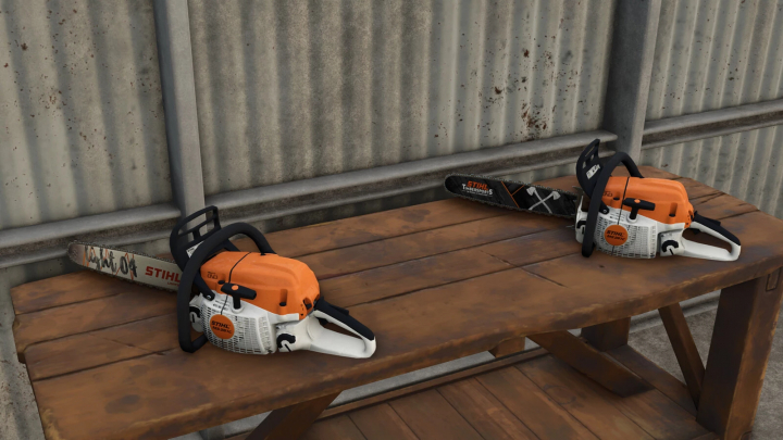 fs25-mods, STIHL MS 261 C-M chainsaws mod on wooden table in FS25.