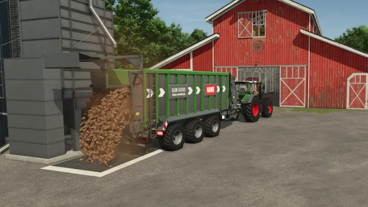 fs25-mods, FS25 mod SUW5000 Sugarbeetcatter unloading sugar beets by a red barn.