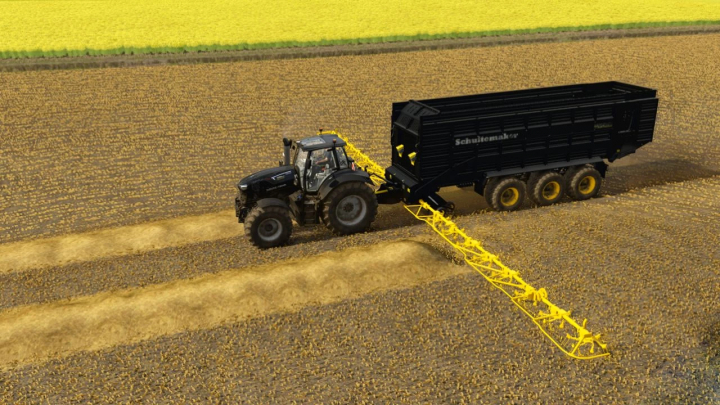 fs25-mods, FS25 mod Schuitemaker Rapide 8400W v1.0.0.0 in field operation, showcasing a black tractor and trailer on a farm landscape.