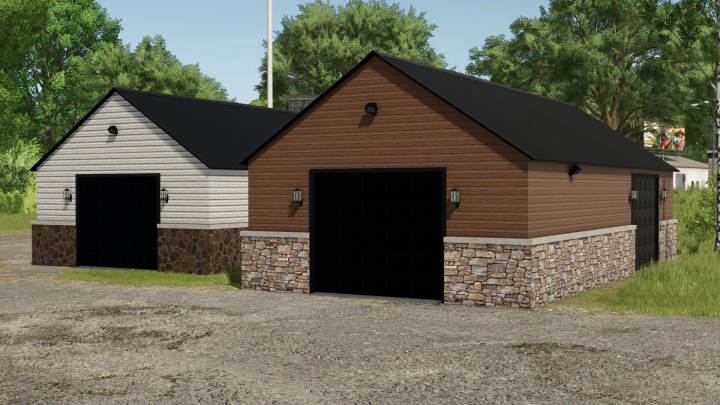 fs25-mods,  FS25 mod Small Garage Workshops v1.0.0.0 showing two rustic garages with stone bases and wooden siding.