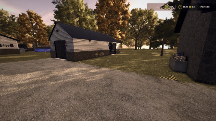 fs25-mods,  Small garage workshops mod in FS25 featuring a barn with autumn trees, enhancing Farming Simulator 25 experience.