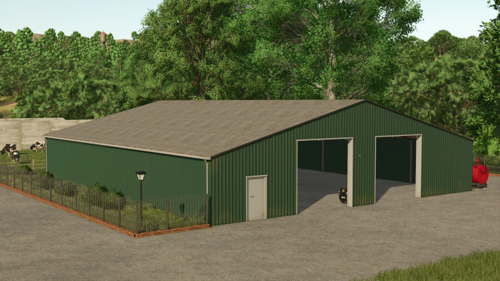 fs25-mods,  FS25 Small Shed Pack v1.0.0.0: Green shed in a farm setting with trees and cows nearby, showcasing Farming Simulator 25 mods.