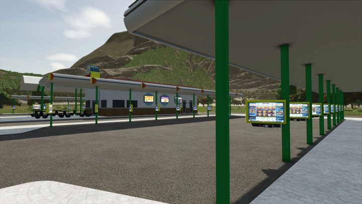 fs25-mods,  FS25 Sonic mod v1.0.0.0 featuring a drive-in restaurant with menu boards and parking. Farming Simulator 25 mods.