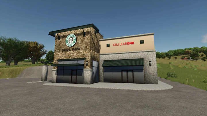 fs25-mods, Farming Simulator 25 mod showcasing a Starbucks drive-thru and CellularOne building in a rural area.